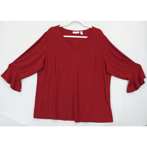Susan Graver Textured Top‎ Liquid Knit 3/4 Ruffled Cuff Sleeves Women 2X Red